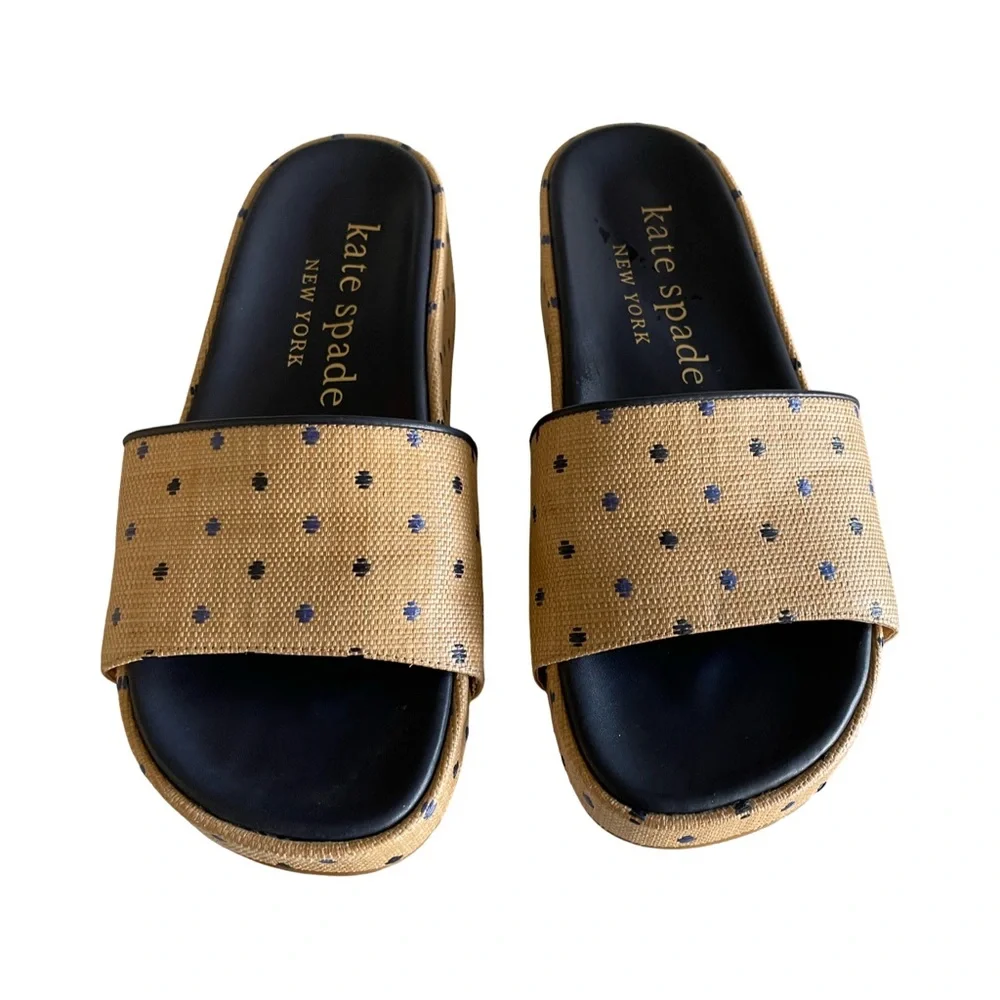 Kate Spade New York Breeze Raffia Platform Slide Sandals Polka Dot Wedge - Picture 5 of 11